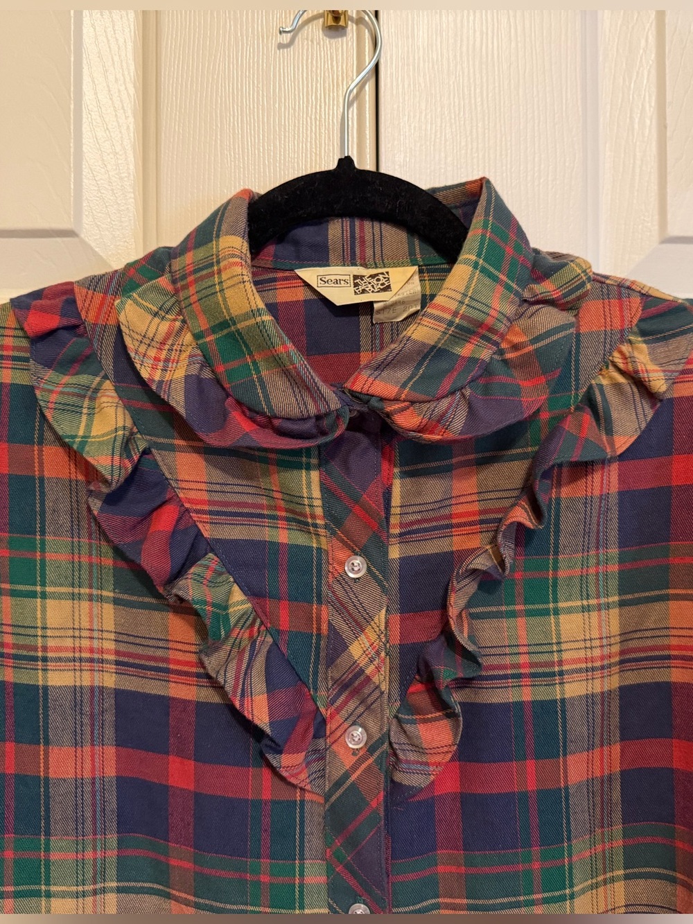 Vintage 70's Plaid Ruffle Collar Women's L Button Up Cotton Blouse - Picture 4 of 11